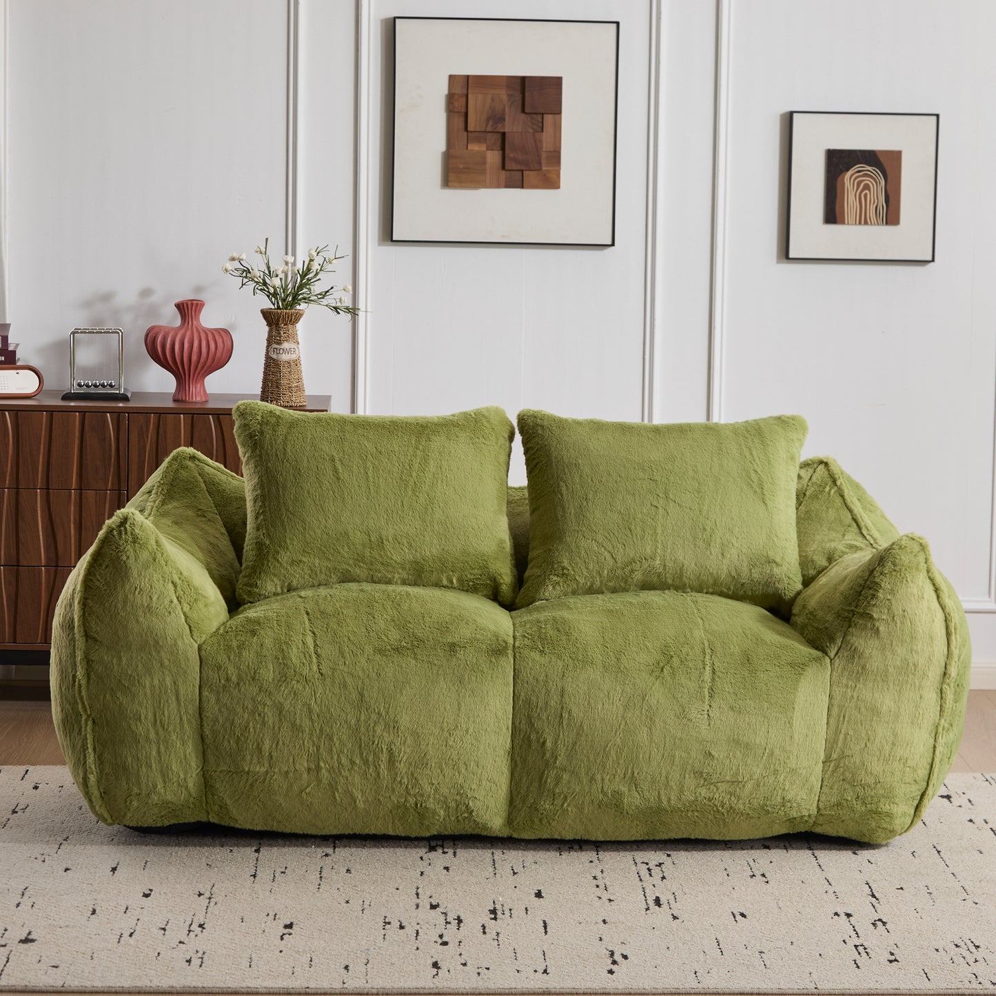 Riesiges Sitzsacksofa für Erwachsene, ultra weiches, flauschiges Zweiersofa aus Sitzsäcken, überdimensionierter Chaiselongue-Stuhl für Innenräume im Wohnzimmer und Schlafzimmer, keine Montage erforderlich, gemütlicher Lesesessel mit Kissen, Grün