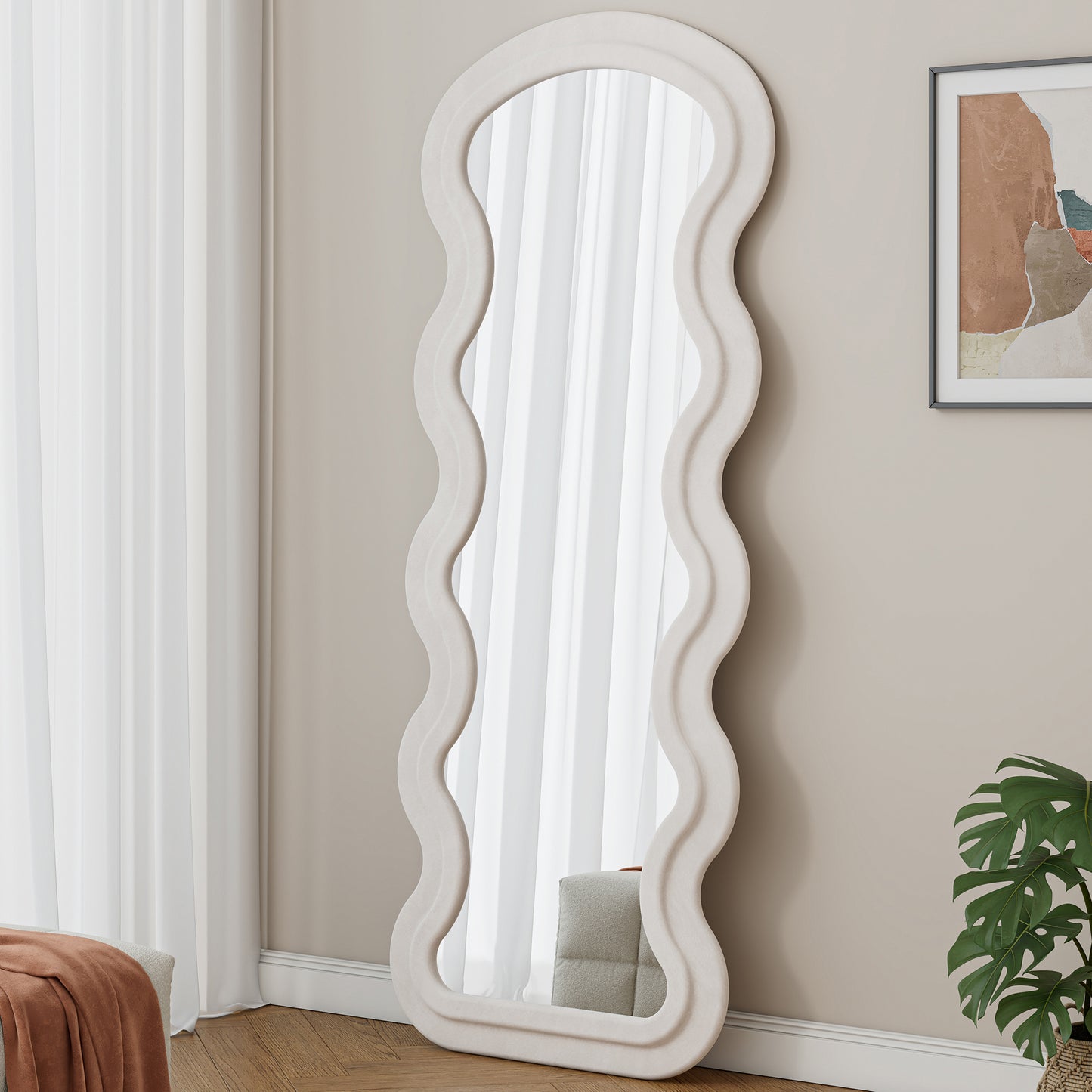 Flanell-Wandspiegel in Wellenform, volle Länge, Bodenspiegel für Schlafzimmer und Wohnzimmer, hängend oder an die Wand gelehnt, weiß