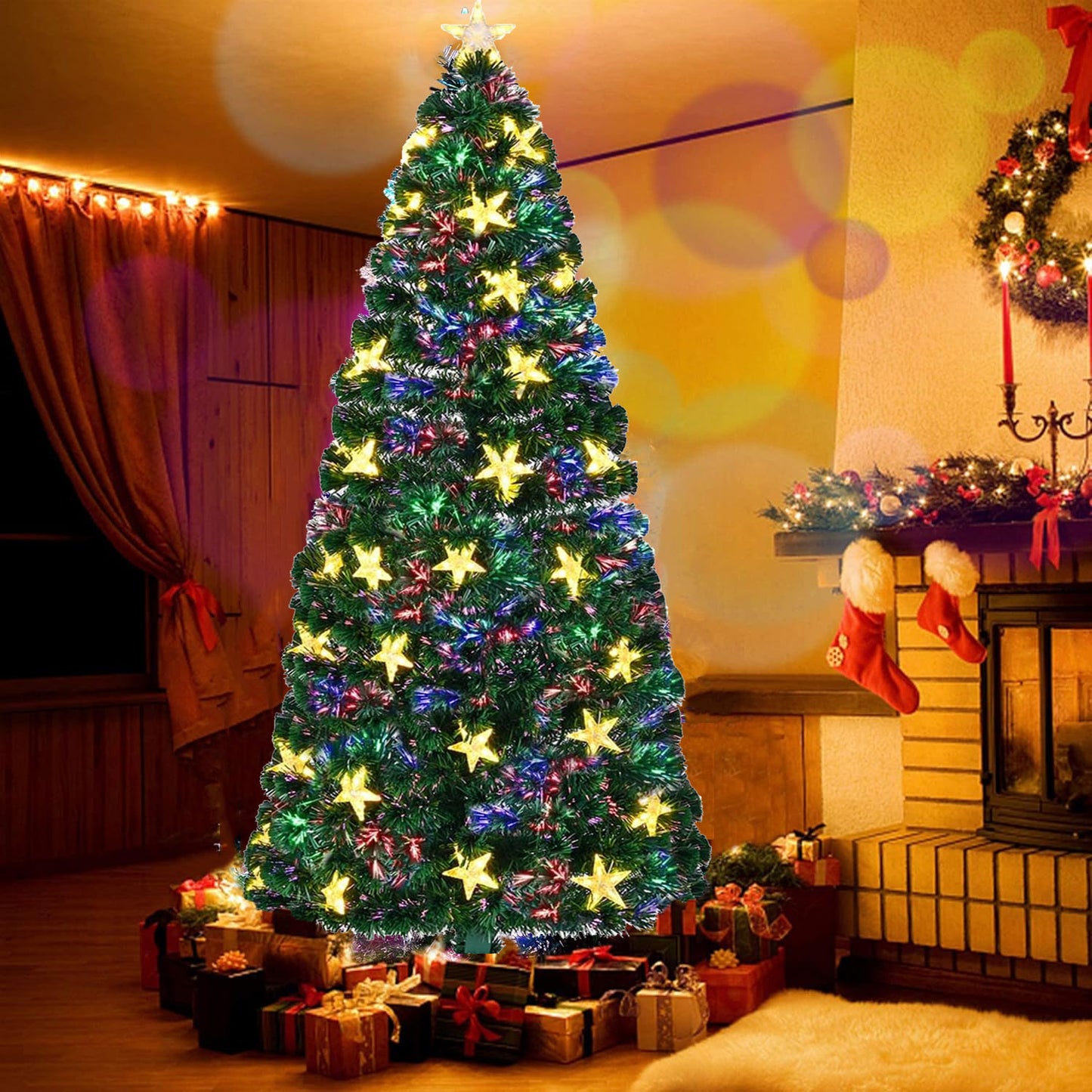 7FT Vorbeleuchteter Glasfaser-Weihnachtsbaum mit großen Sternen, Künstlicher Weihnachtsbaum Fichte grüner Baum mit Metallständer, Voller Baum für Feiertagsdekoration