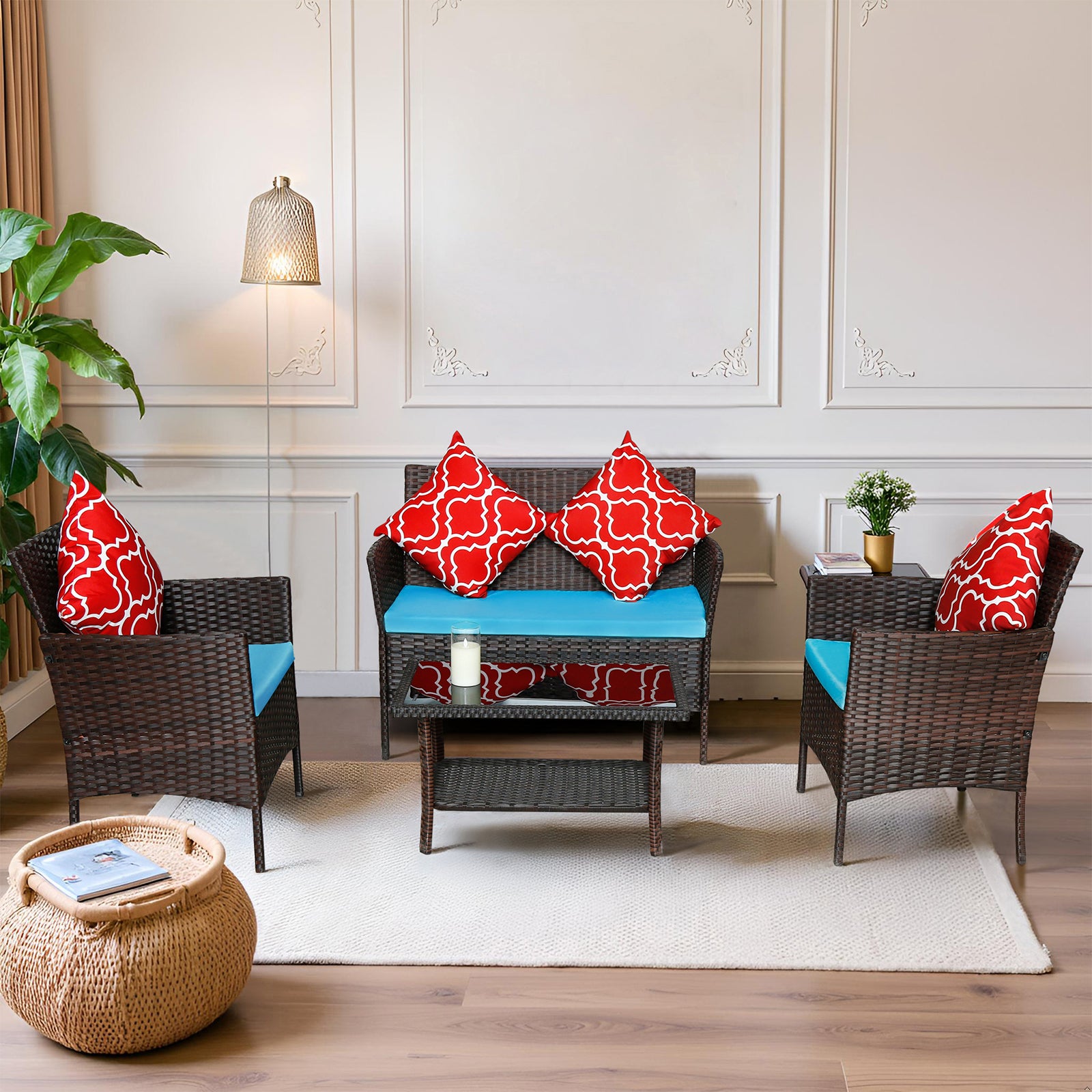 Vierteiliges Sofaset mit Tisch und Sofa-Sessel PE-Rattan Außenmöbel W3152P269436 Kasten 1 mit Saphirblau-farbenen Kissen