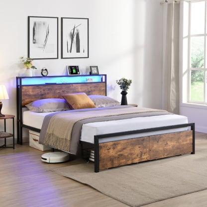 Bettgestell in Vollgröße mit Stauraum-Kopfteil und 2 Schubladen, LED-Beleuchtetes Bett mit Lade-Station, Metall-Plattformbett ohne Geräusche