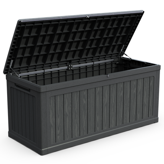 260-Gallonen-Große Außenlager-XXL-Deck-Box für Terrassenmöbel, Außensofakissen, Gartengeräte und Ausrüstung für Sportpools, wasserfestes Harz, abschließbar, schwarz