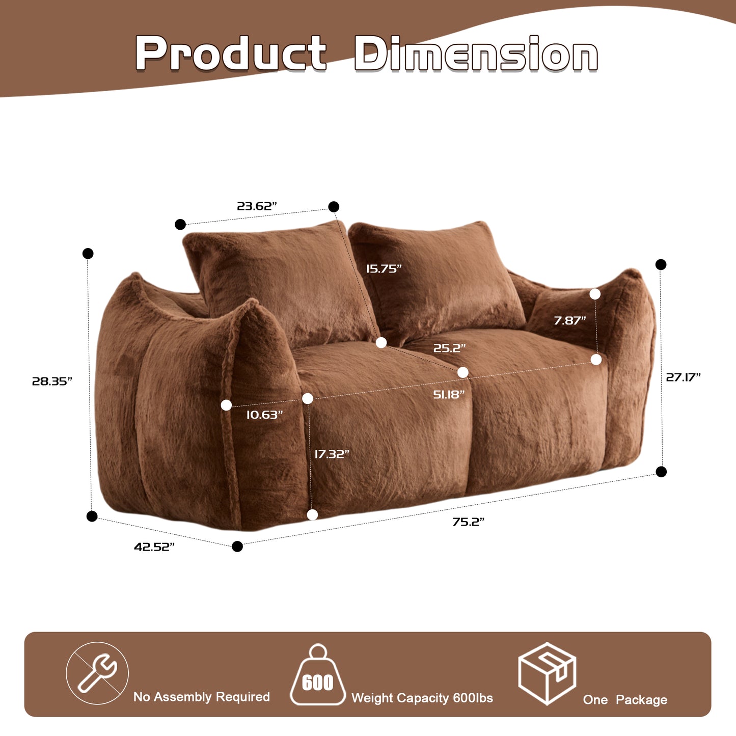 Riesiges Sitzsacksofa für Erwachsene, ultra weiches, flauschiges Zweiersofa aus Sitzsäcken, überdimensionierter Liegestuhl für Innenräume im Wohnzimmer oder Schlafzimmer, keine Montage erforderlich, gemütlicher Lesesessel mit Kissen, Braun