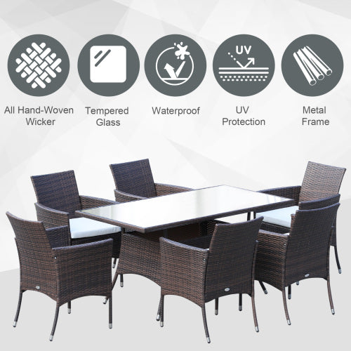 Outsunny 6-Sitzer-Rattan-Esszimmergarnitur mit Polstern, Rattan-Gartenmöbel-Set mit 6 Armstühlen, rechteckiger Tisch mit Glasplatte, Außenesszimmer-Tisch und -Stühle, Braun