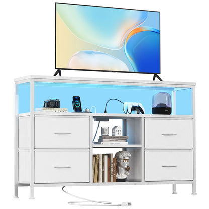 TV-Ständer, 4 Schubladen, mit LED-Lichtern und Stromsteckdosen, Möbel für das Wohnzimmer für 50-Zoll-Fernseher, mit offenen Regalen und verstellbaren Füßen