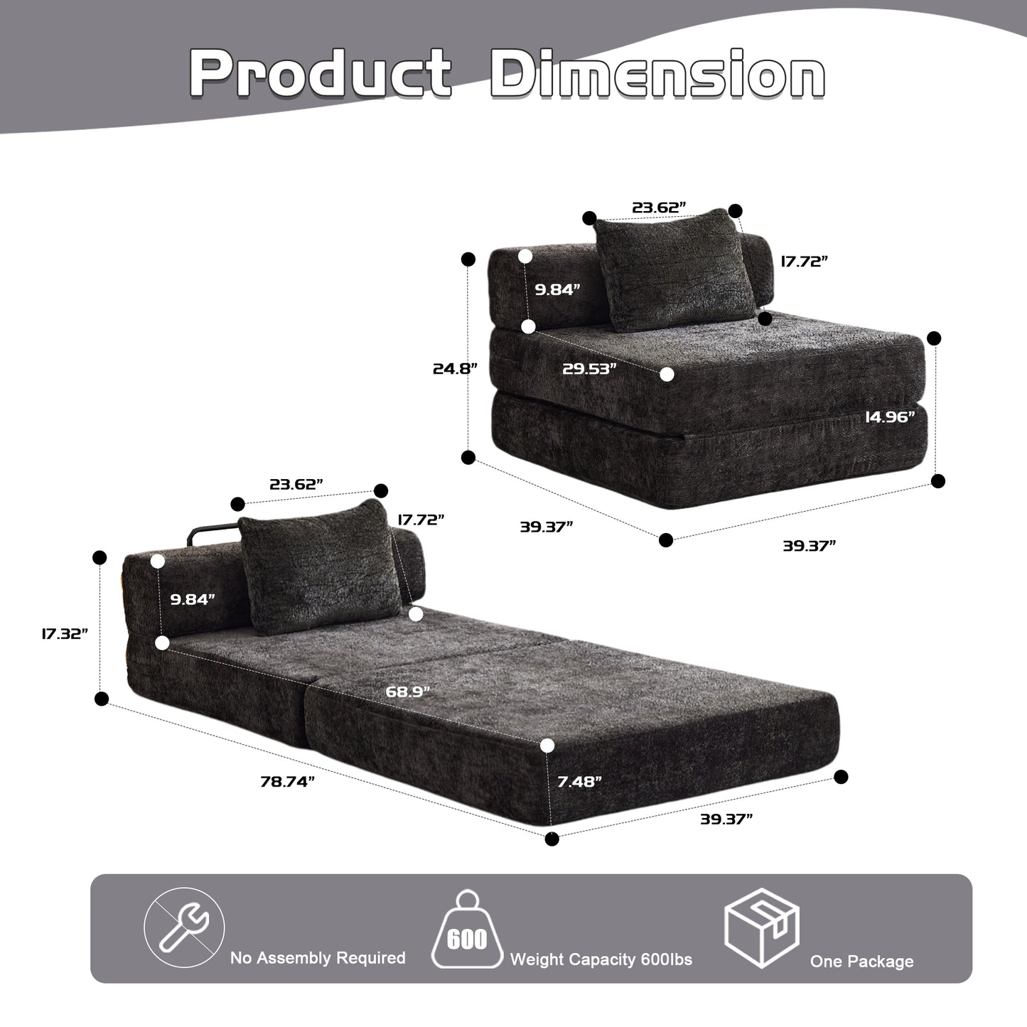 Kompressions-Sofa, Umklappbares Boden-Sofa-Bett mit feststehendem Formrahmen, Einzelner Sitz ohne Knochen, Modulares Sektionalsofa, Keine Montage erforderlich, Chenille-Stoff, für Wohnzimmer und Schlafzimmer, Schwarz