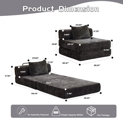 Kompressions-Sofa, Umklappbares Boden-Sofa-Bett mit feststehendem Formrahmen, Einzelner Sitz ohne Knochen, Modulares Sektionalsofa, Keine Montage erforderlich, Chenille-Stoff, für Wohnzimmer und Schlafzimmer, Schwarz