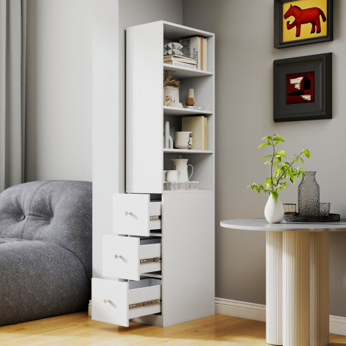 70,87 H Display-Schrankschrank, 4-stufiges Regal, 3 seitliche Schubladen, moderner hölzerner hoher Bücherregal-Bücherschrank für Wohnzimmer und Home-Office