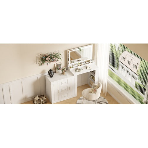 59Makeup-Toilettentisch mit Spiegel, Schminktischspiegel mit Beleuchtung, Ankleidetisch mit 3 Schubladen und 2 Schränken, Toilettentisch mit Stauraumregalen für das Schlafzimmer, Weiß