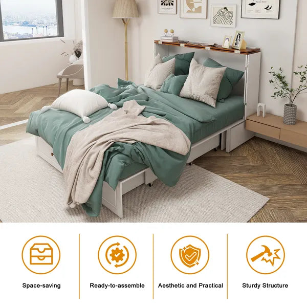 Queen-Size-Murphy-Bettgestell mit Schubladen, Murphy-Bett mit Lade-Station, 2 USB-Anschlüssen, mobiles Murphy-Bett als Schlafanordnung für vielseitige Bereiche im Schlafzimmer, Wohnzimmer, Gästezimmer, Weiß & Holz