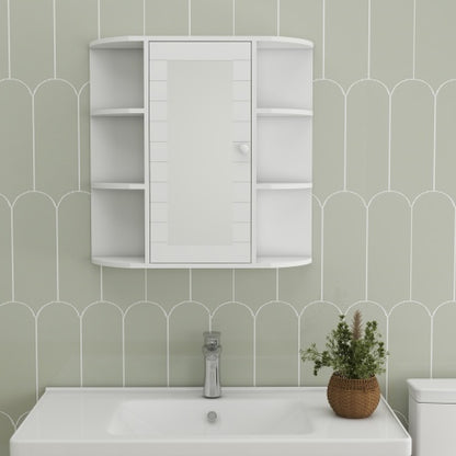 Wandmontierter Badezimmerschrank mit Spiegeltür, 6 offene Regale, 3 verstellbare Badezimmerschäume für Wohnzimmer, Waschraum, Schlafzimmer - Weiß