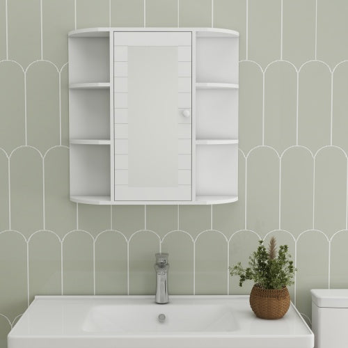 Wandmontierter Badezimmerschrank mit Spiegeltür, 6 offene Regale, 3 verstellbare Badezimmerschäume für Wohnzimmer, Waschraum, Schlafzimmer - Weiß
