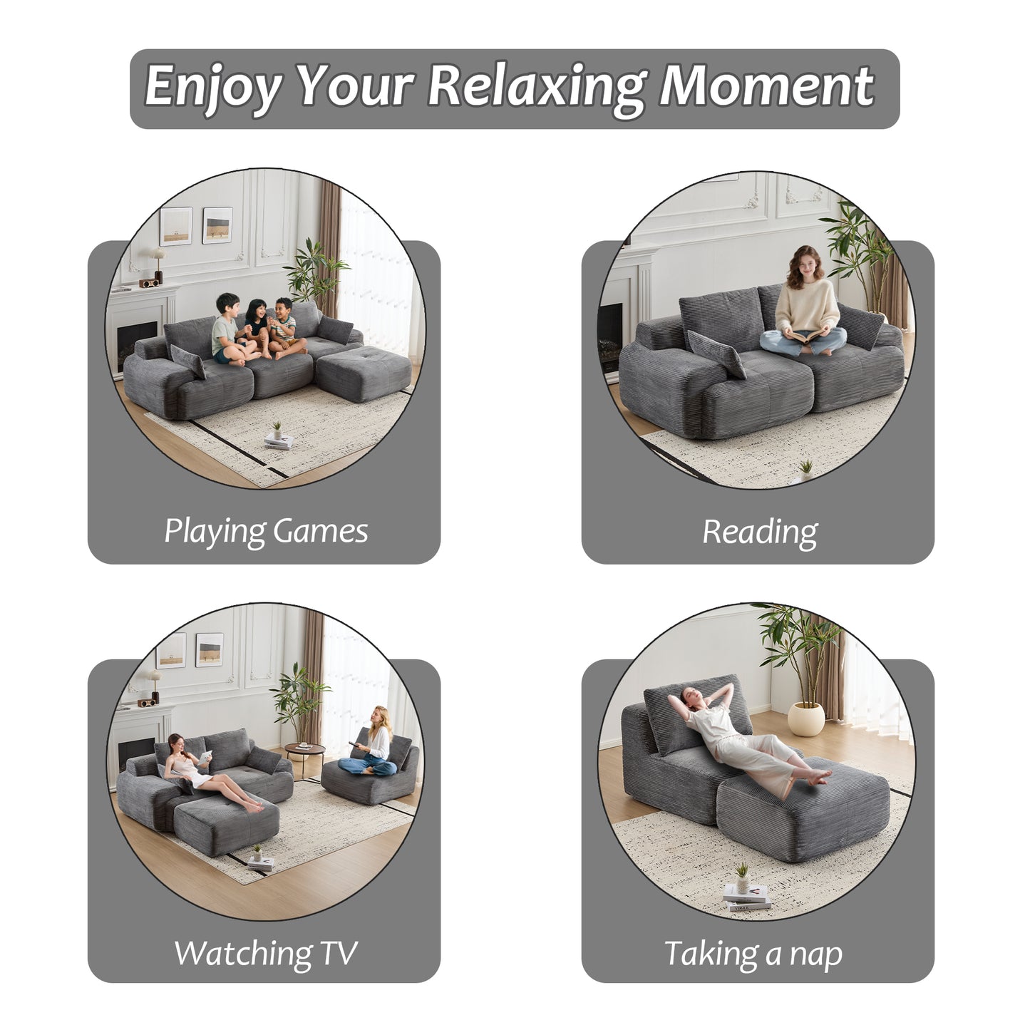 Moderne Kompressions-Matratzen-Sofa, Große Ecksofas für das Wohnzimmer, Haustierfreundliches Wolkenmodulares Ecksofa, Kordstoff, Extra Tiefes Zweiersofa, Keine Montage erforderlich, GRAU