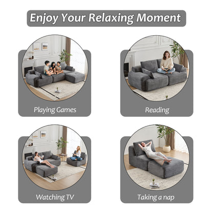 Moderne Kompressions-Matratzen-Sofa, Große Ecksofas für das Wohnzimmer, Haustierfreundliches Wolkenmodulares Ecksofa, Kordstoff, Extra Tiefes Zweiersofa, Keine Montage erforderlich, GRAU