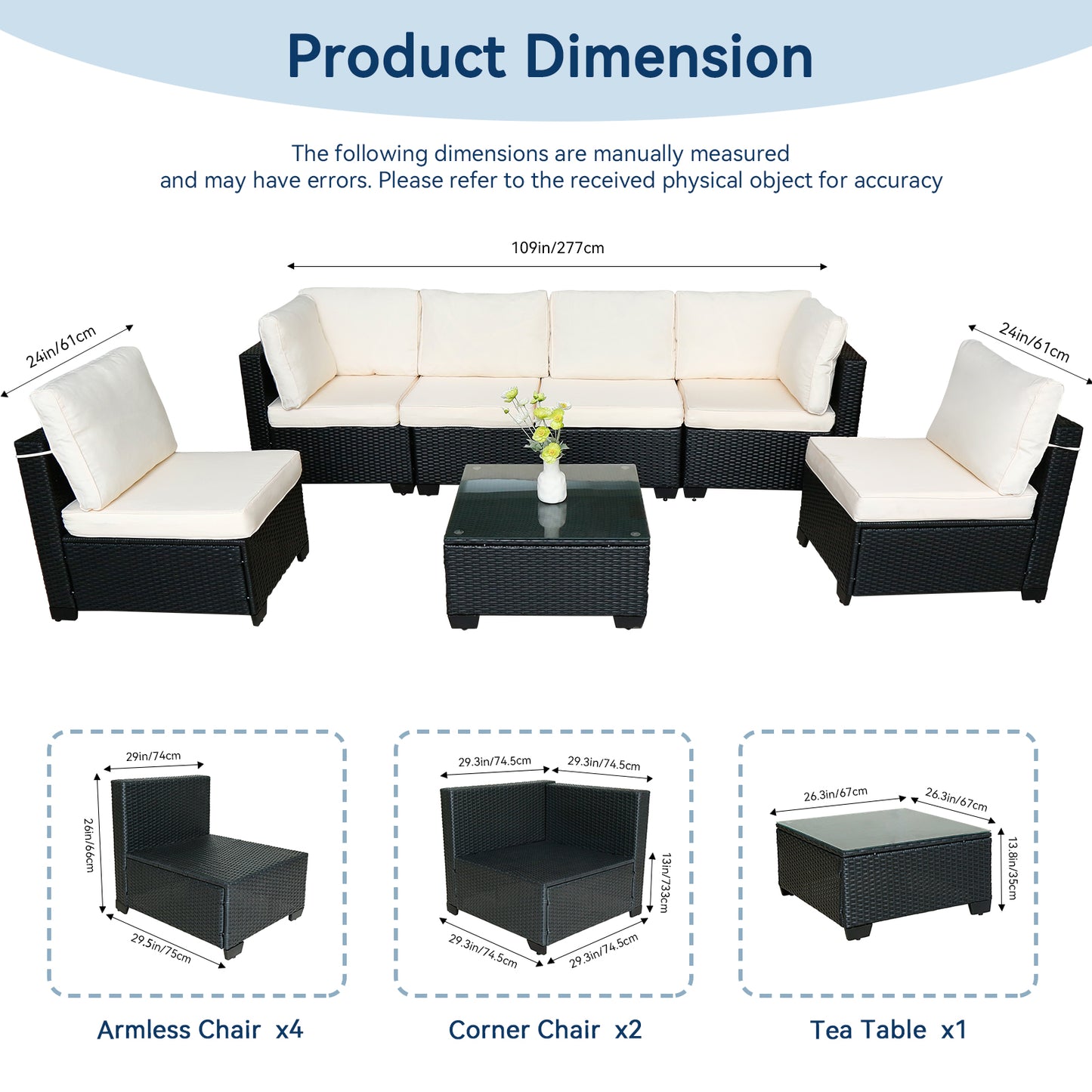 Beliebtes Siebenteiliges Sofasofa-Set mit Tisch, Sofa-Sessel, Schwarzes PE-Rattan, Outdoor, Neues Design Möbel 7-JH002 Kiste 3-1-2-3 mit Weißem Farbigen Kissen