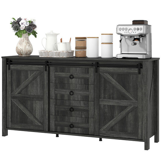 60er Buffet-Schrank, Bauernhaus-Sideboard mit Schiebetüren im Scheunenstil, Schubladen und einstellbaren Regalen, distressed Dunkelgrau