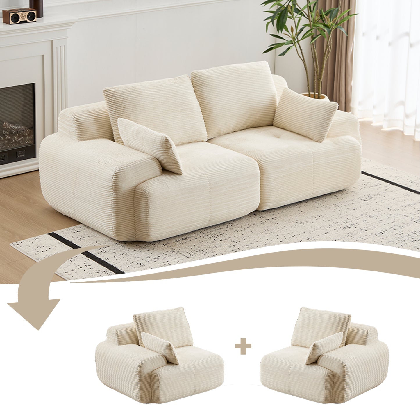 Moderne Kompressions-Matratzen-Sofa, 2-Sitzer großes Ecksofa für das Wohnzimmer, Haustierfreundliches Wolkenmodul-Sofa, Samtstoff, extra tiefe Zweier-Sitzbank, keine Montage erforderlich, Beige