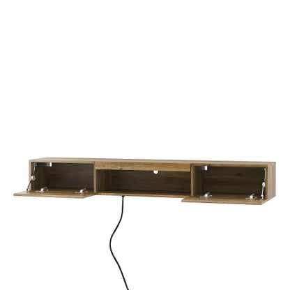 Schwebender TV-Ständer, Wandmontierter TV-Regal mit LED-Lichtern & Stromsteckdose, Wandmontierter Schwebender TV-Ständer mit 16-farbigem LED-Licht-braun