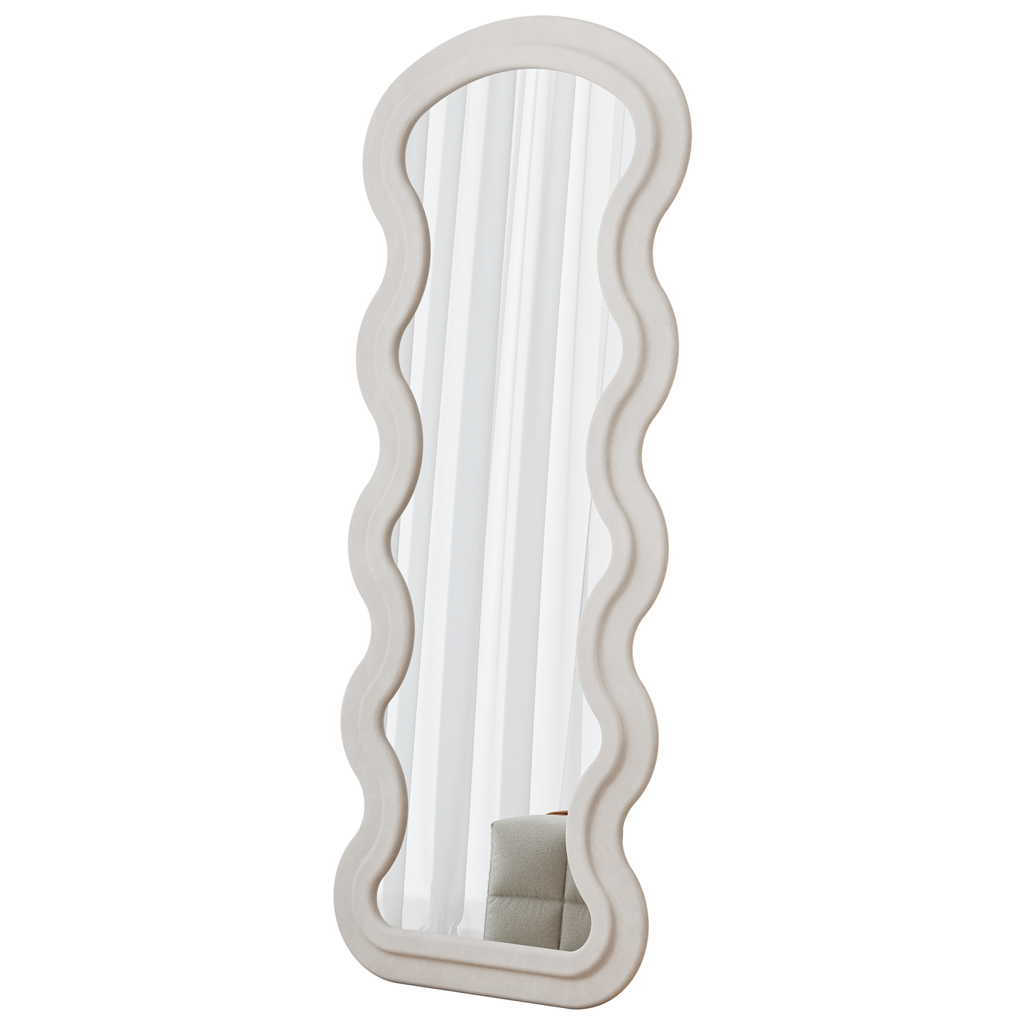 Flanell-Wandspiegel in Wellenform, volle Länge, Bodenspiegel für Schlafzimmer und Wohnzimmer, hängend oder an die Wand gelehnt, weiß