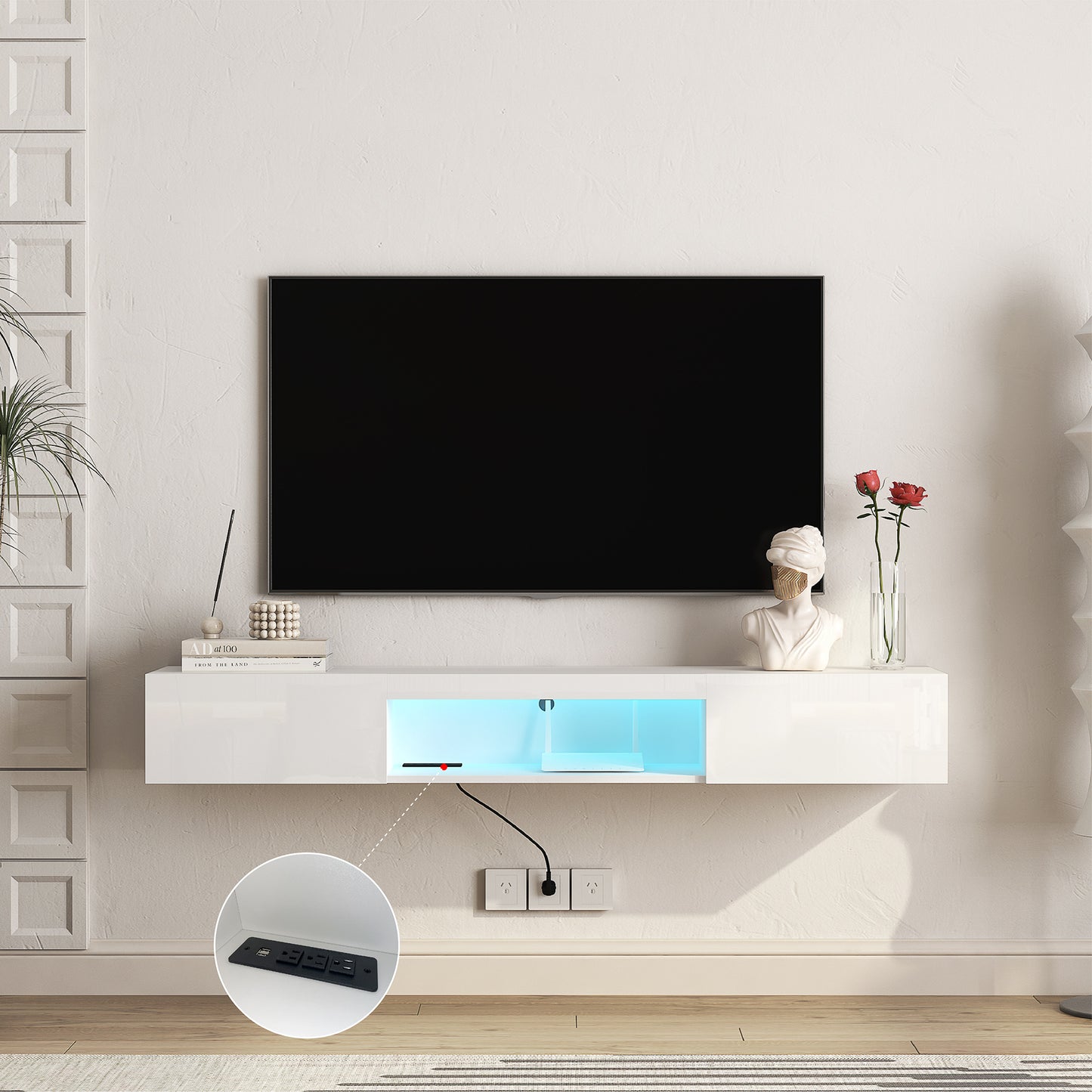 Schwebender TV-Ständer Wandmontiert mit 16-farbigen LEDs, Moderner TV-Ständer, Schwebender TV-Schrank Entertainment-Center für 55 60 65 Zoll TV, Weiß