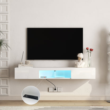 Schwebender TV-Ständer Wandmontiert mit 16-farbigen LEDs, Moderner TV-Ständer, Schwebender TV-Schrank Entertainment-Center für 55 60 65 Zoll TV, Weiß