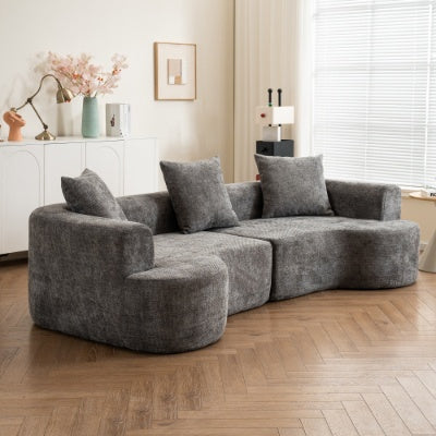 Moderner Stil-Gekrümmtes Sofa, Weiches Samtstoff-Sofa mit 3 Kissen, Wohnzimmer Milchweiß Ultra-Glatter Gekrümmter Stoffsofa
