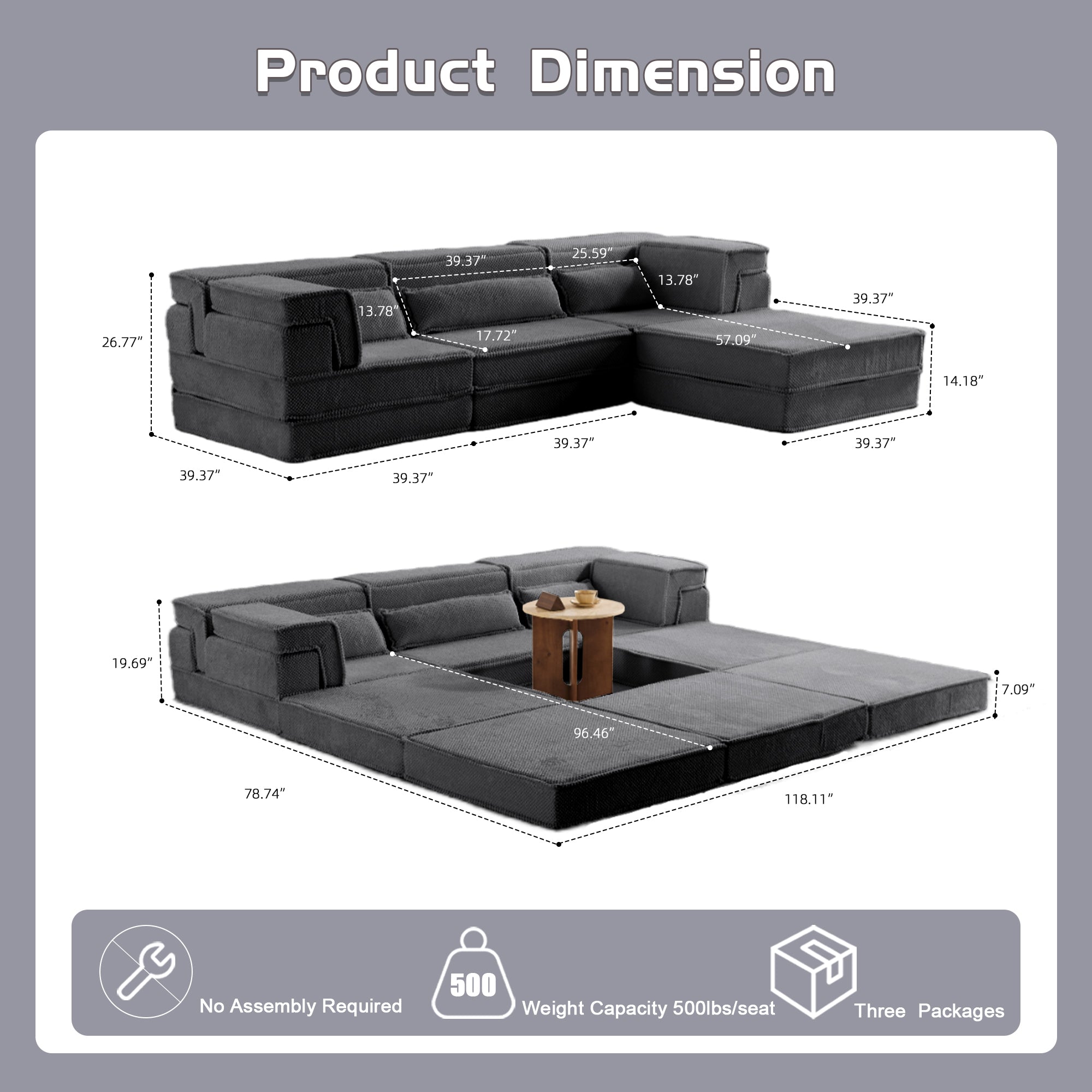 Dark Grey Modular Sofa Plush Circle Fleece