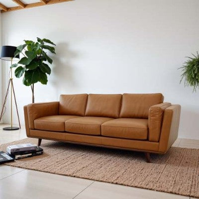 Tan Leather Mid-Century Sofa