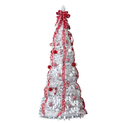 7 FT Vollständig Dekorierter Vorbeleuchteter Weihnachtsbaum, Pop-Up Künstlicher Xmas-Baum mit 170 Warmen Lichtern und Roten Kugeln für Zuhause, Büro, Laden und Feiertagsdekoration, Weiß