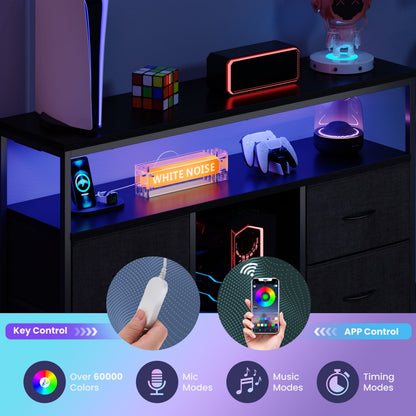 TV-Ständer, 4 Schubladen, mit LED-Lichtern und Stromsteckdosen, Möbel für das Wohnzimmer für 50-Zoll-Fernseher, mit offenen Regalen und verstellbaren Füßen