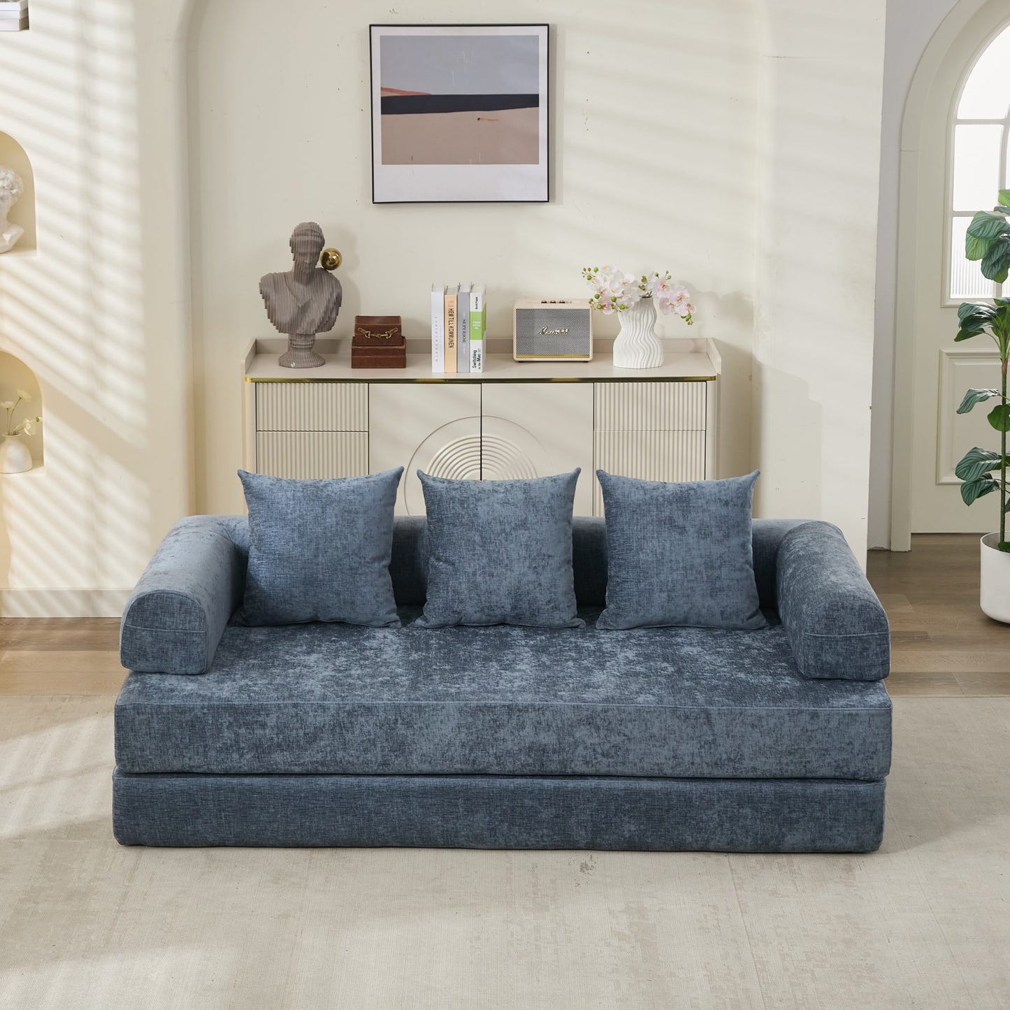 Komfortable umklappbare Matratzen-Couch, Boden-Sofabett, Chenille-Boden-Sofa mit Armlehne, Boden-Sofa-Lounge-Couch für Wohnzimmer, Schlafzimmer, Lounge und Studio – Blau