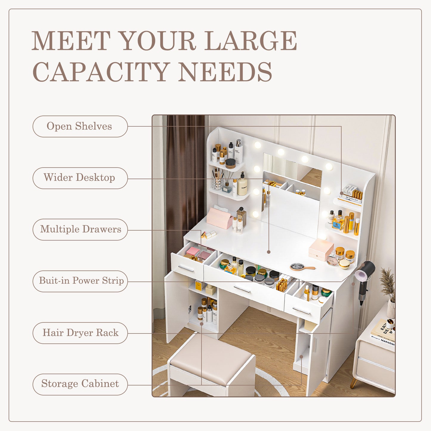 Dressing Table And Mirror, Dressing Table And Bedroom Dressing Table With 3-color Light Options For Adjustable Brightness, White