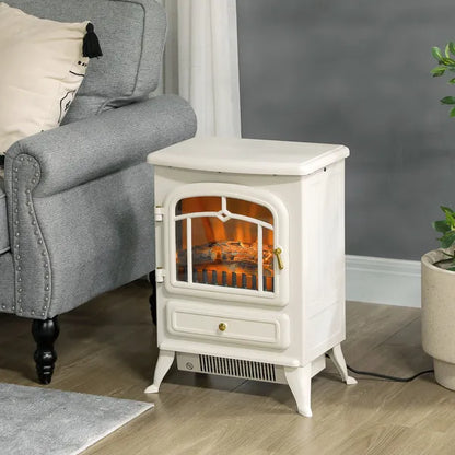 22" Elektro-Kaminheizung, freistehender Kaminofen mit realistischen LED-Flammen und Scheiten sowie Überhitzungsschutz, 750 W/1500 W, Beige