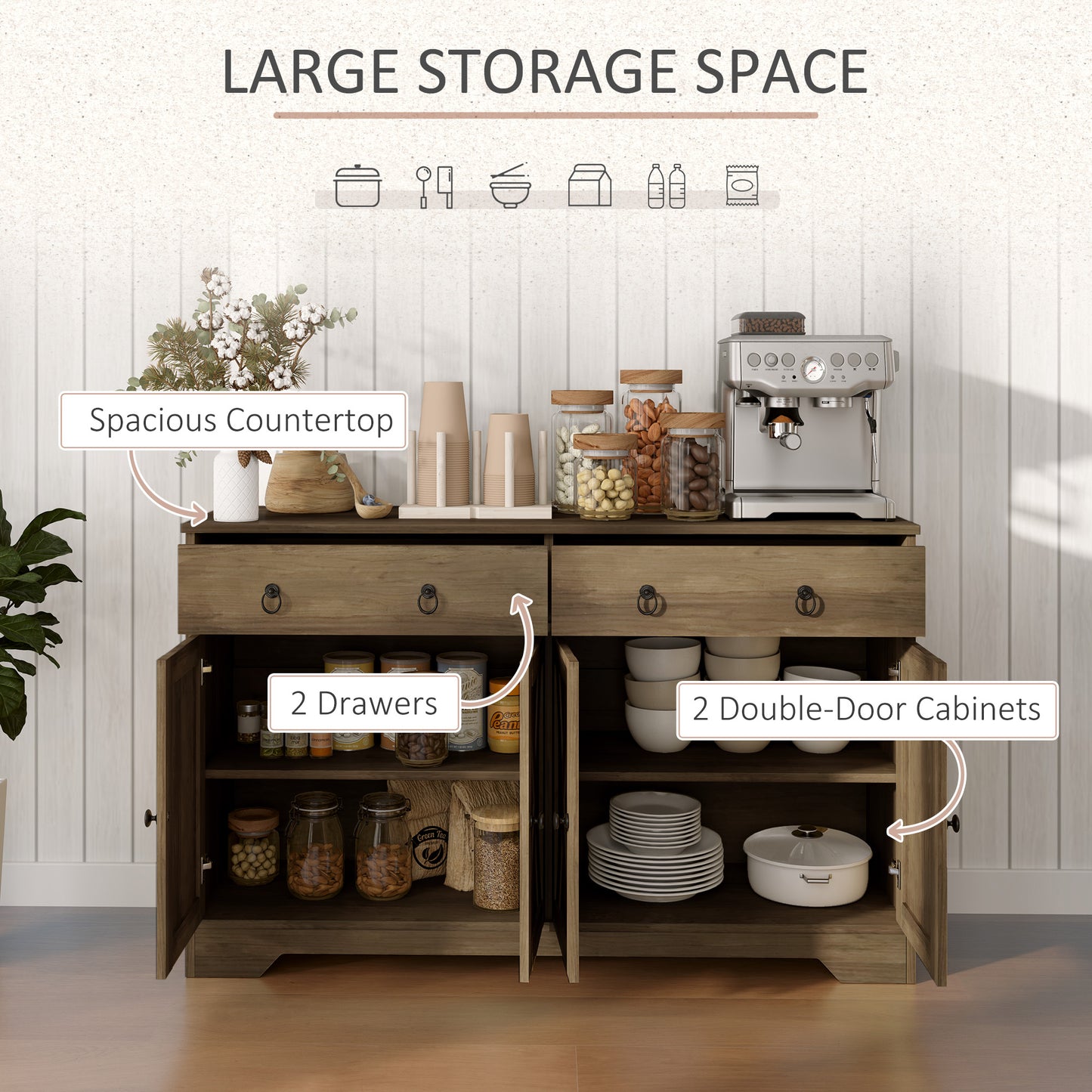 Kitchen Storage Sideboard, Farmhouse Buffet Cabinet With Barn Style Doors, Drawers, Adjustable Shelves, Light Brown