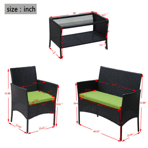 4er-PC-Rattan-Patio-Möbel-Set für den Außenbereich mit gepolsterten Sitzen Korbsofa mit grünem Polster