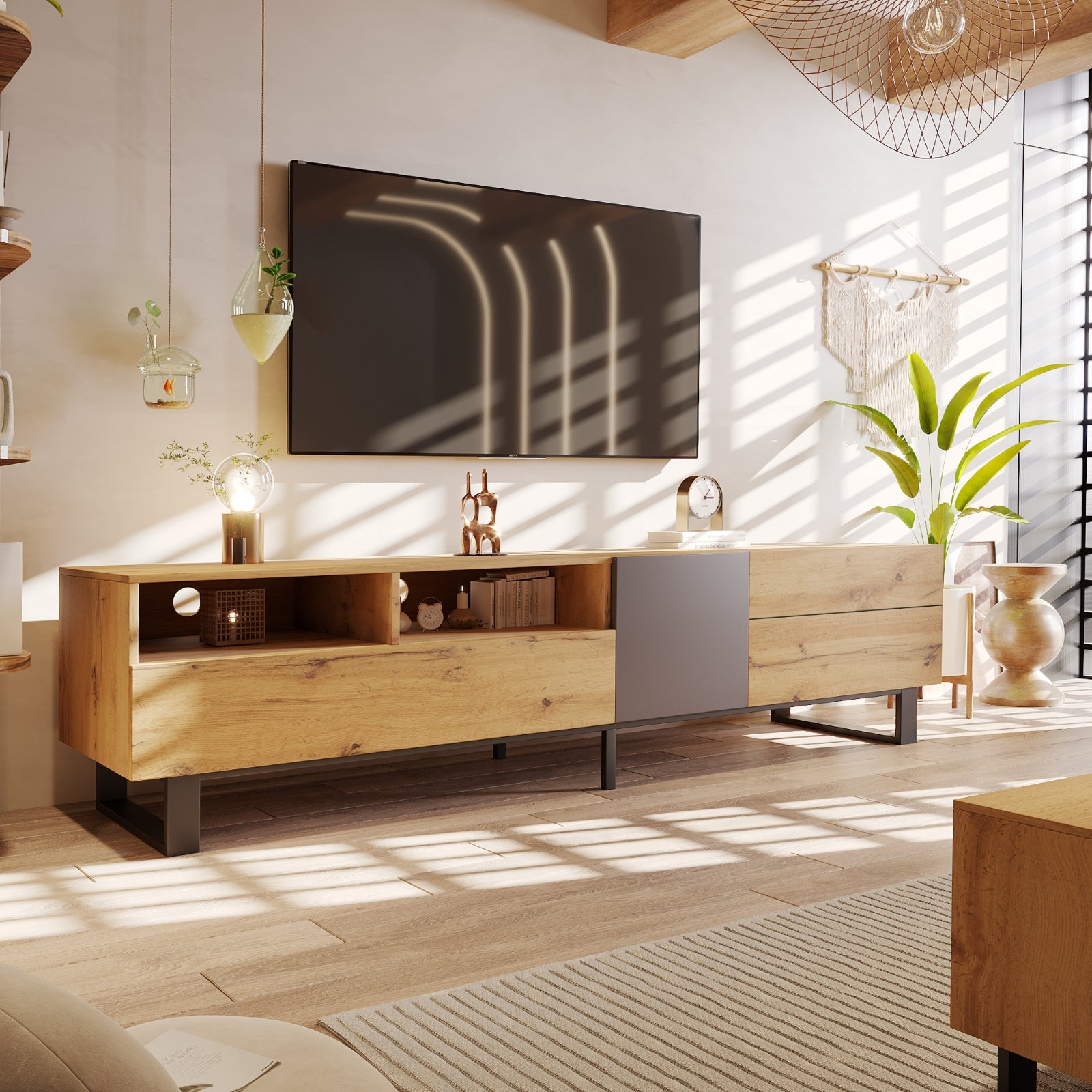 Moderne TV-Ständer für 80-Zoll-Fernseher, Doppellagerung, Medienkonsole, Unterhaltungszentrum