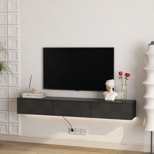 Floating TV Stand Wall Mounted With 16 Color LEDs,Modern TV Stand, Floating TV Cabinet Entertainment Center For 55 60 65 Inch TV,Black
