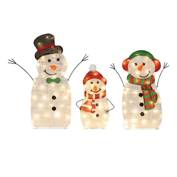 3-teiliges beleuchtetes Schneemann-Familien-Dekor - 95 warme weiße LEDs, Metall+Gefäß, 30,5"/25,5"/20,5" Größen (Mehrfarbig)