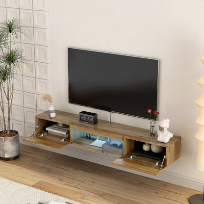 Schwebender TV-Ständer, Wandmontierter TV-Regal mit LED-Lichtern & Stromsteckdose, Wandmontierter Schwebender TV-Ständer mit 16-farbigem LED-Licht-braun
