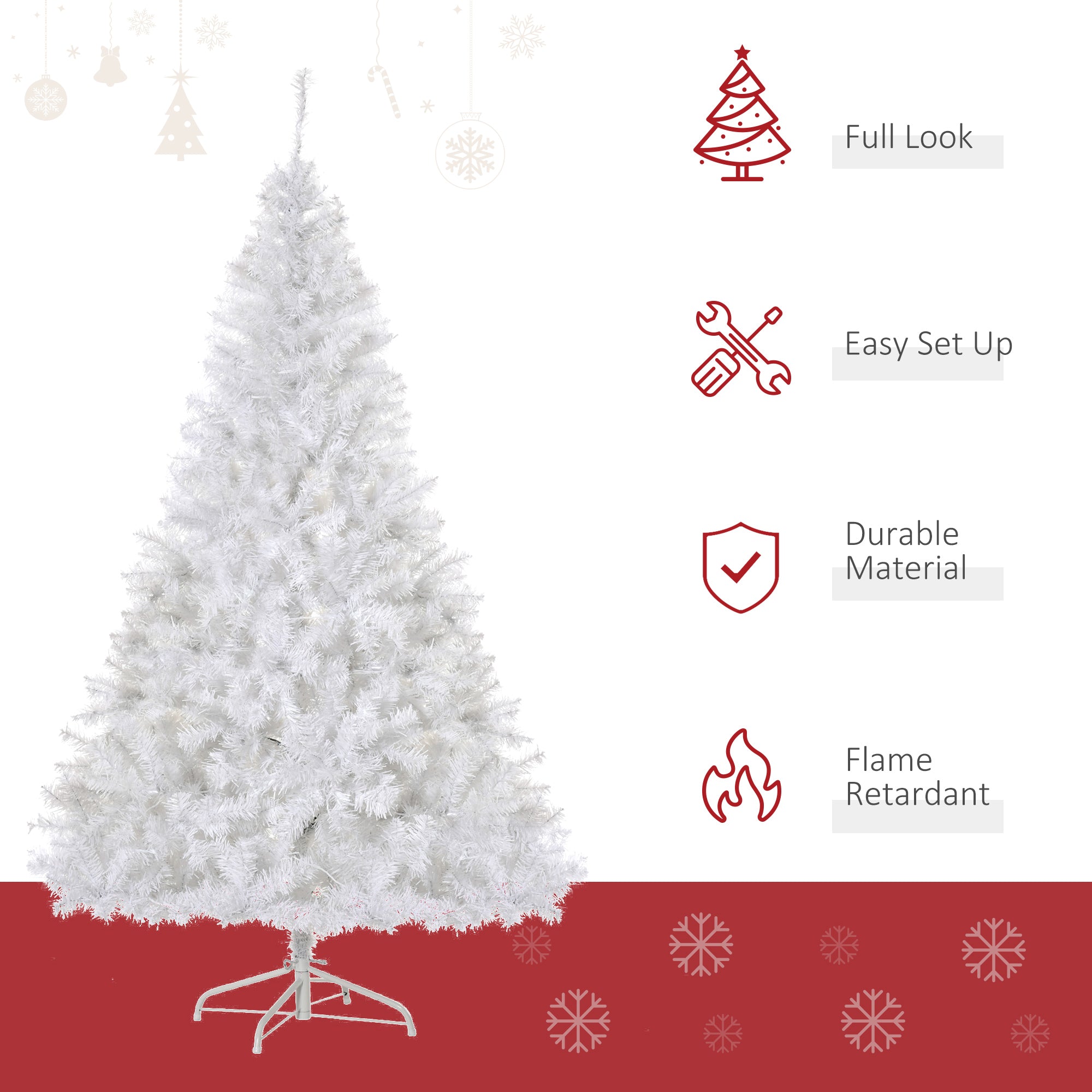 HOMCOM 1,8 m hoher vorbeleuchteter Weihnachtsbaum Douglasie künstlicher Weihnachtsbaum mit realistischen Ästen, 250 warmweißen LED-Lichtern und 1000 Spitzen, weiß