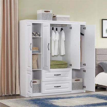 74" H Kleiderschrank mit 2 Türen Holz-Armoire Kleiderschränke Schrank Kleiderschrank Weißer Aufbewahrungsschrank Schlafzimmer-Armoires mit Kleiderstange 2 Schubladen -- 2 Pakete