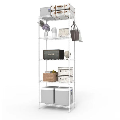 5-stufiges Display-Regal mit einstellbarem Abstand zwischen den Ebenen, einrastbare verformbare Struktur, einstellbare Füße, aus Eisen gefertigt, 54*29*150 cm, pulverbeschichtetes Mattweiß