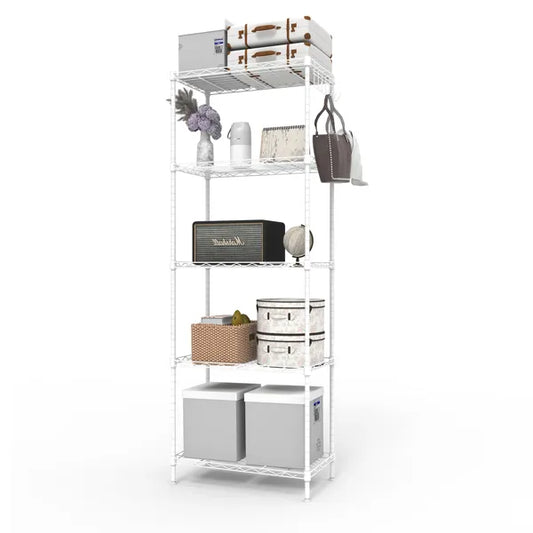 5-stufiges Display-Regal mit einstellbarem Abstand zwischen den Ebenen, einrastbare verformbare Struktur, einstellbare Füße, aus Eisen gefertigt, 54*29*150 cm, pulverbeschichtetes Mattweiß