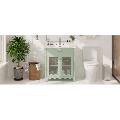 31-Zoll-Badwaschtisch mit gehärtetem Glas, moderner Badezimmerschrank mit Beinen aus Gummibaumholz und Schiebetüren mit Weichschließfunktion, Grün