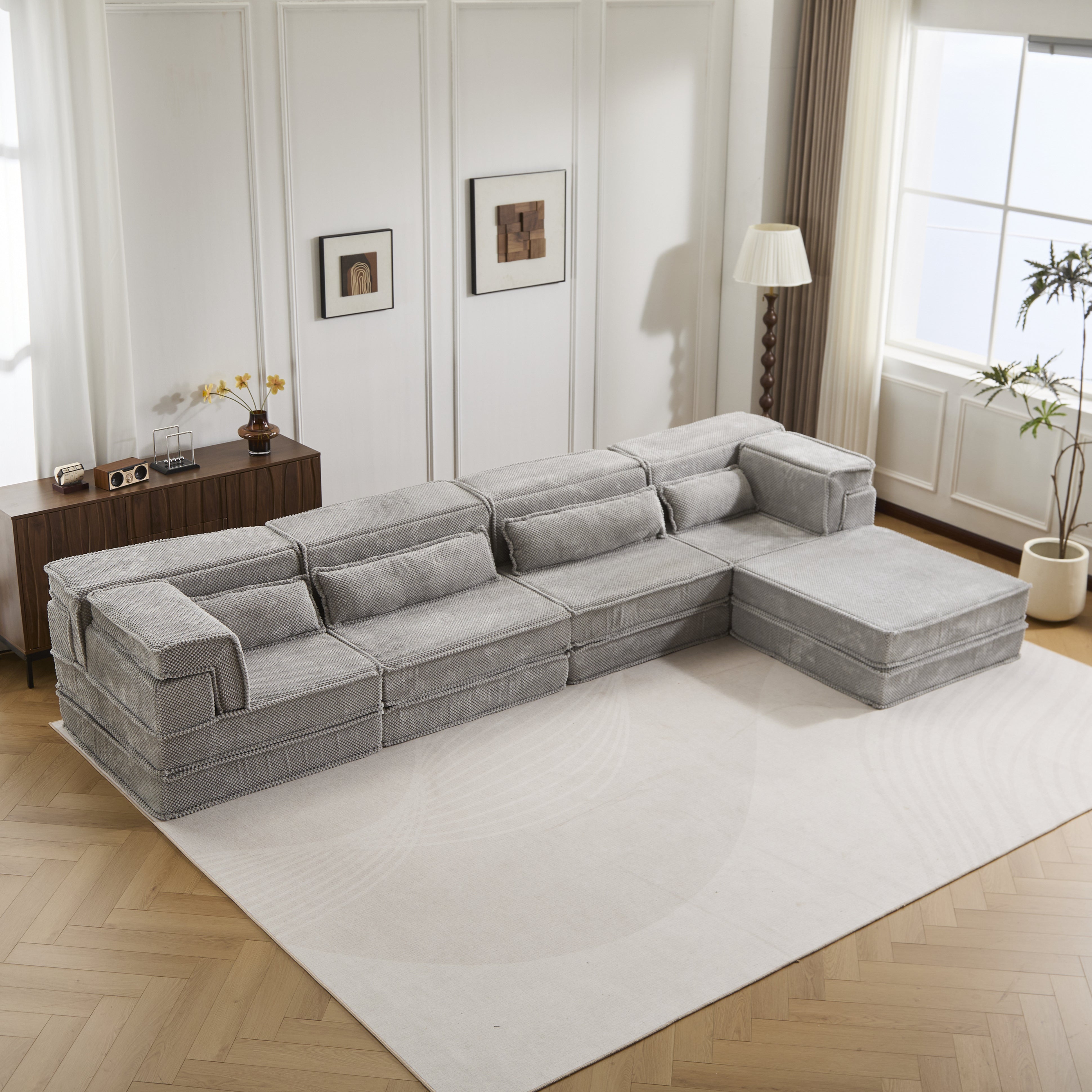 Kompressions-Mahjong-Sofa, Umwandelbares Boden-Sofabett, DIY Knochenloses Modulares Sektionalsofa, Keine Montage Erforderlich, Kreisförmiger Fleece-Stoff, Überdimensioniertes 4-Sitzer-Sofa mit 1 Hocker, Hellgrau