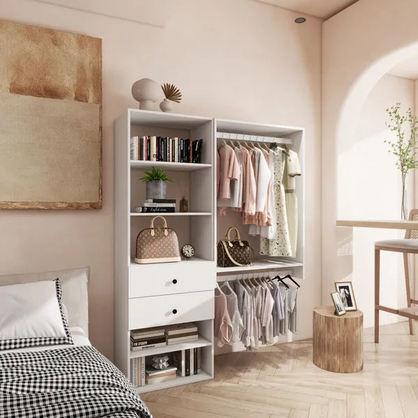 Livelylodge Modulares Kleiderschranksystem: Moderner weißer offener Kleiderschrank für Schlafzimmer-Walk-in-Kleiderschrank mit 2 Schubladen & 6 Regalen & 1 Kleiderstange Stauraum-Kleiderschrank 54,6"L*17,16"B*70,2"H