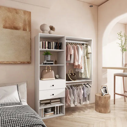 Livelylodge Modulares Kleiderschranksystem: Moderner weißer offener Kleiderschrank für Schlafzimmer-Walk-in-Kleiderschrank mit 2 Schubladen & 6 Regalen & 1 Kleiderstange Stauraum-Kleiderschrank 54,6"L*17,16"B*70,2"H