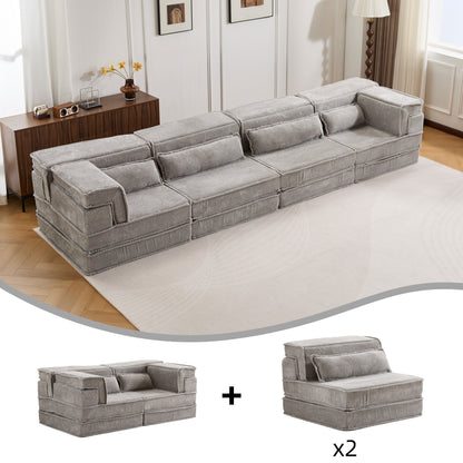 Kompressions-Mahjong-Sofa, Umwandelbares Boden-Sofabett, DIY Knochenloses Modulares Sektionalsofa, Keine Montage Erforderlich, Kreisförmiger Fleece-Stoff, Überdimensioniertes 4-Sitzer-Sofa mit 4 Kissen, Hellgrau