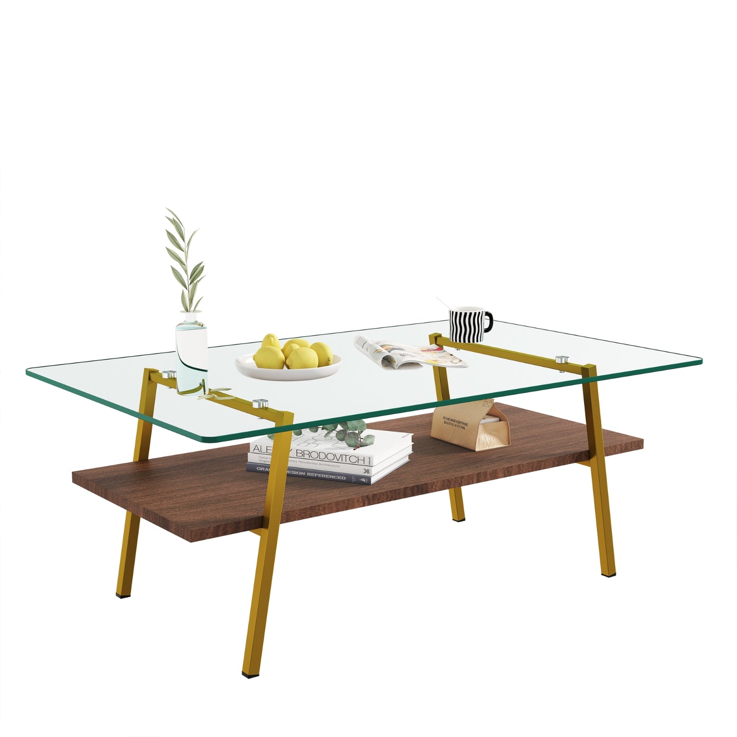 Rechteckiger Couchtisch, Tafelplatte aus Sicherheitsglas mit goldenen Metallbeinen, moderner Tisch für das Wohnzimmer,