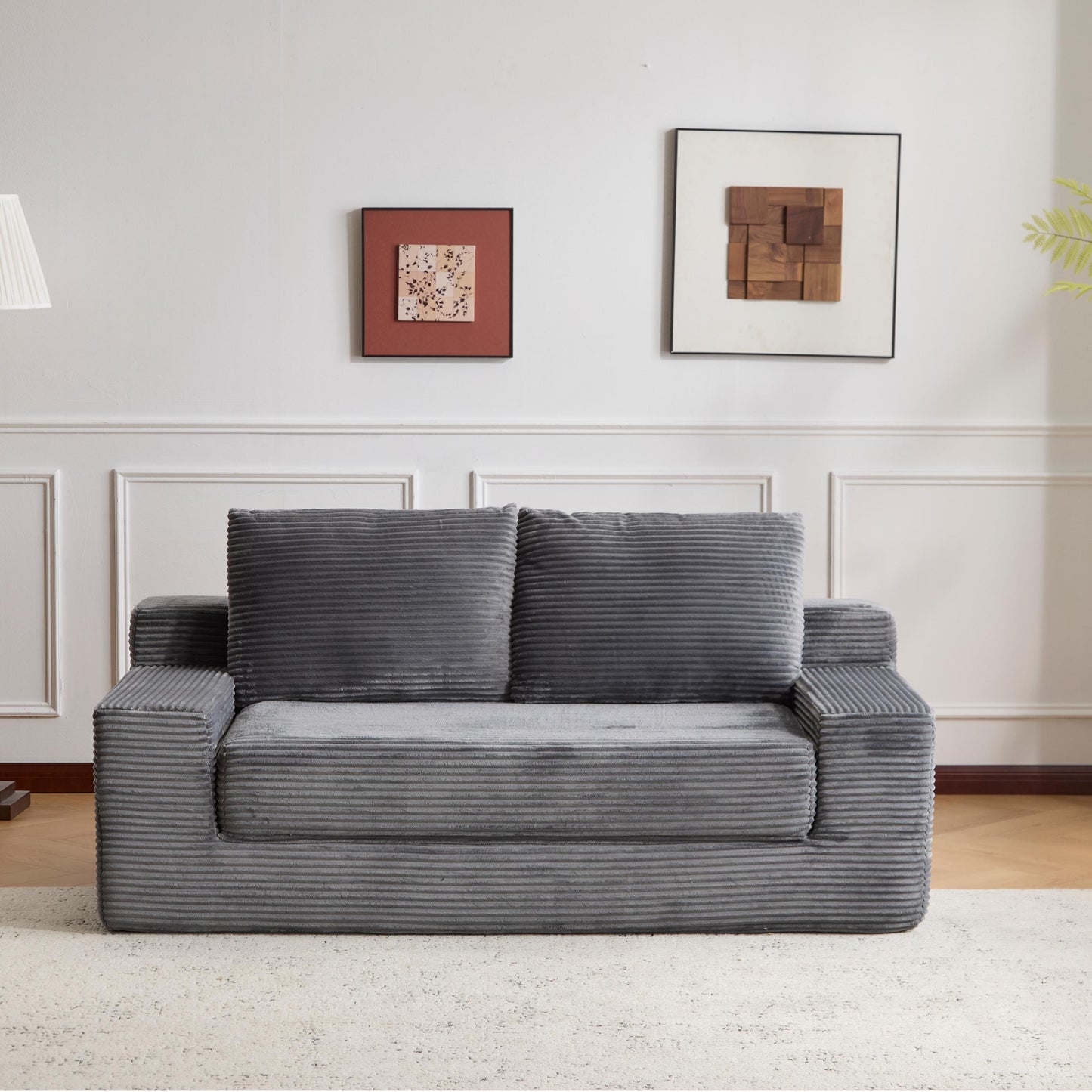 Zweisitzer-Sofa, Bequemes Sofa-Bett mit tiefer Sitzfläche, Modernes kleines Cord-Sofa für Wohnzimmer und Schlafzimmer, Umkehrbares Kissen mit Kissen, Keine Montage erforderlich, Dunkelgrau